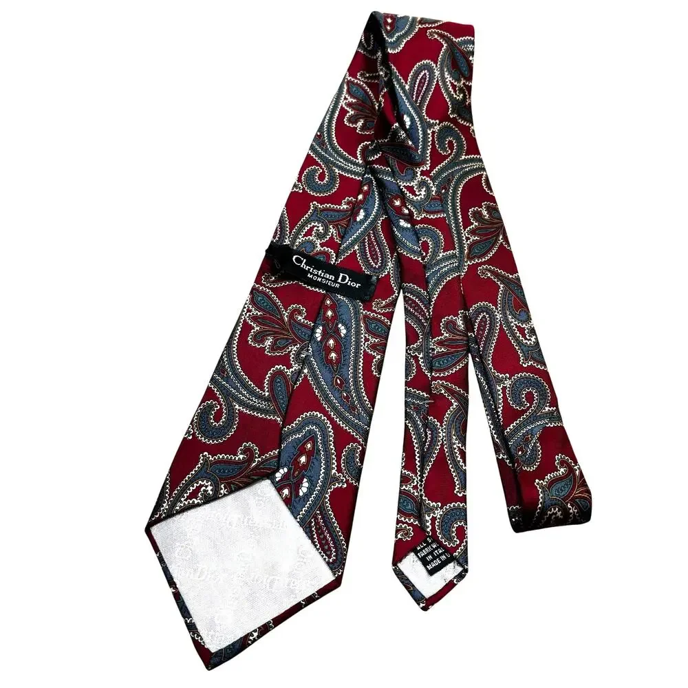 Christian Dior Monsieur neck tie designer classic all silk red blue gray paisley